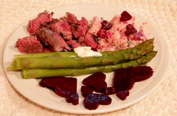 Grilled Rib-eyes, asparagus, faux-tato salad and heart beets